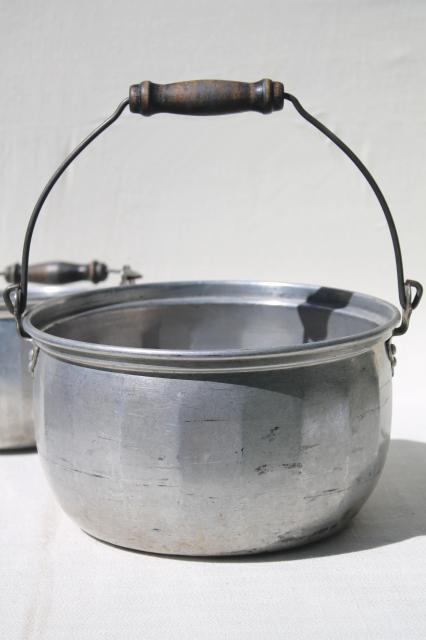 photo of vintage aluminum jelly kettle pans or camping cook pots w/ wire bail handles #9