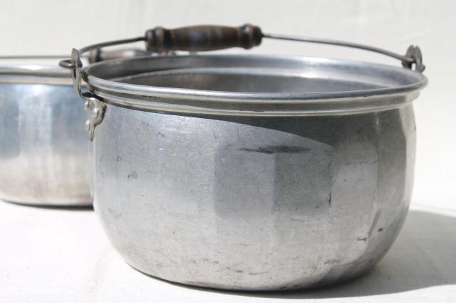 photo of vintage aluminum jelly kettle pans or camping cook pots w/ wire bail handles #10