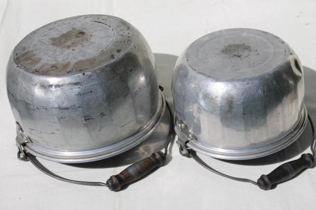 photo of vintage aluminum jelly kettle pans or camping cook pots w/ wire bail handles #11