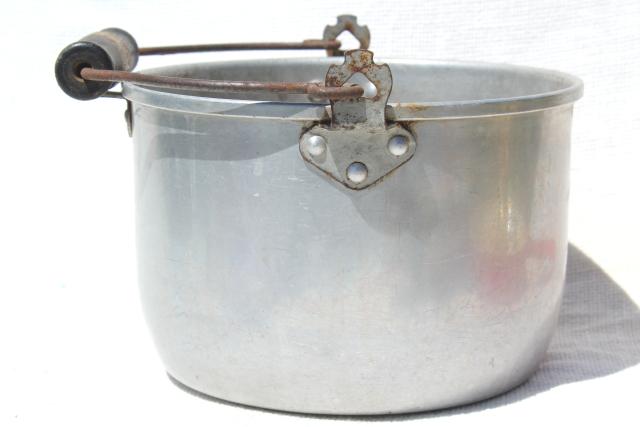 photo of vintage aluminum kettle, primitive camp fire cooking pot w/ wire bail wood handle #5