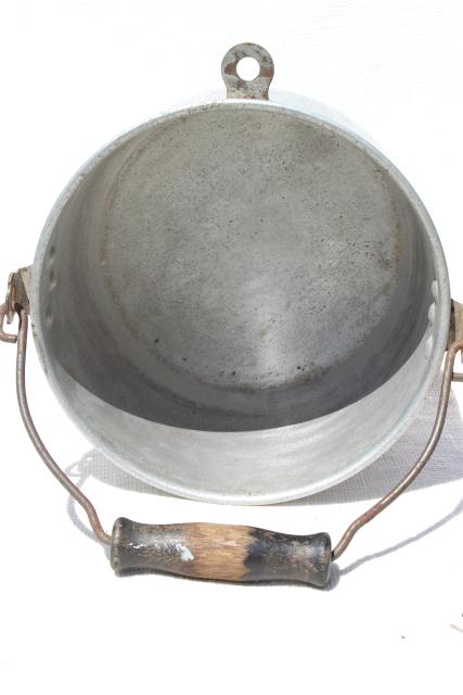 photo of vintage aluminum kettle, primitive camp fire cooking pot w/ wire bail wood handle #6
