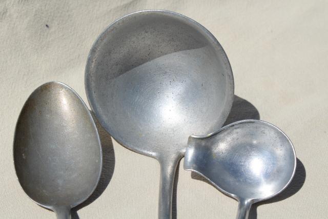 vintage aluminum ladles & long handled spoon, Wagner Ware soup ladle etc.