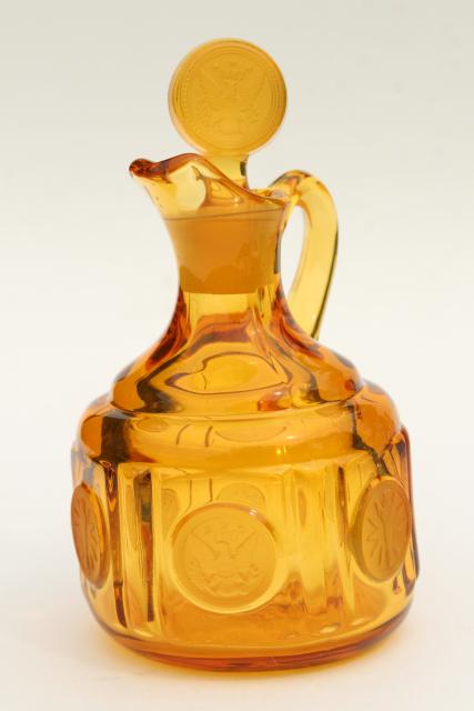 photo of vintage amber Fostoria coin glass cruet bottle, pitcher & stopper #1