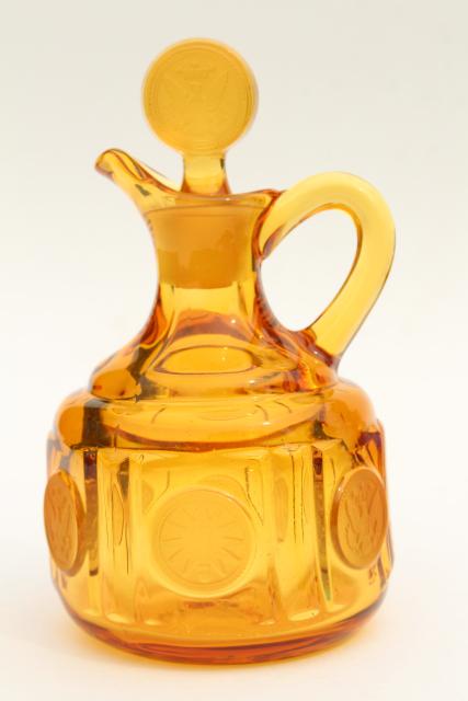 photo of vintage amber Fostoria coin glass cruet bottle, pitcher & stopper #2