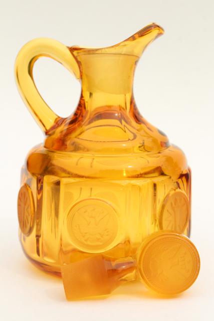 photo of vintage amber Fostoria coin glass cruet bottle, pitcher & stopper #4