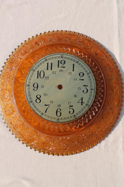 photo of vintage amber Tiara sandwich pattern glass, large round plate wall clock face #2