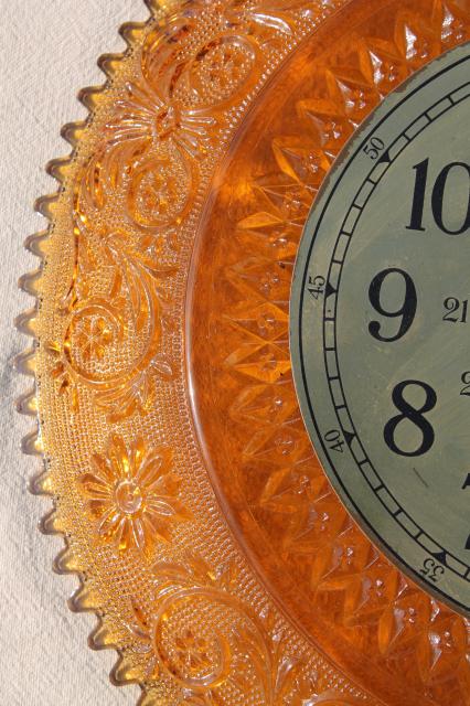 photo of vintage amber Tiara sandwich pattern glass, large round plate wall clock face #4