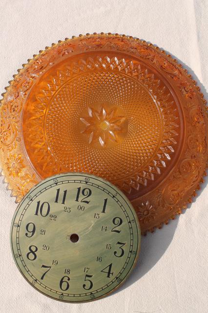 photo of vintage amber Tiara sandwich pattern glass, large round plate wall clock face #5