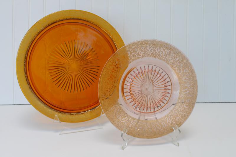 photo of vintage amber & blush pink glass cake plates, worn gold encrusted band depression glass #1