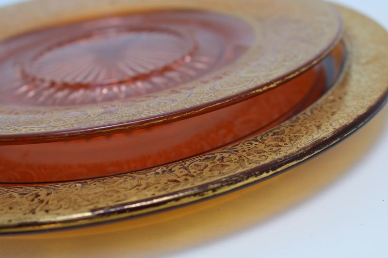 photo of vintage amber & blush pink glass cake plates, worn gold encrusted band depression glass #2