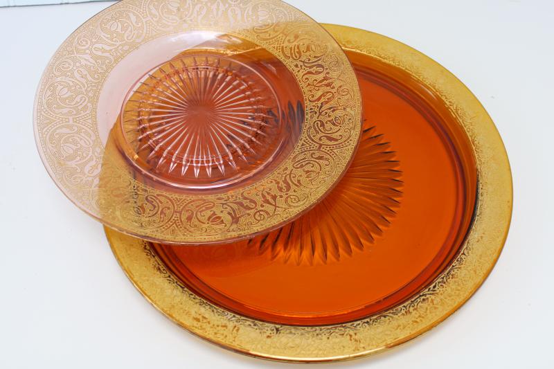 photo of vintage amber & blush pink glass cake plates, worn gold encrusted band depression glass #3