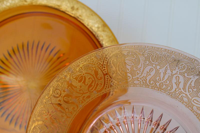 photo of vintage amber & blush pink glass cake plates, worn gold encrusted band depression glass #4