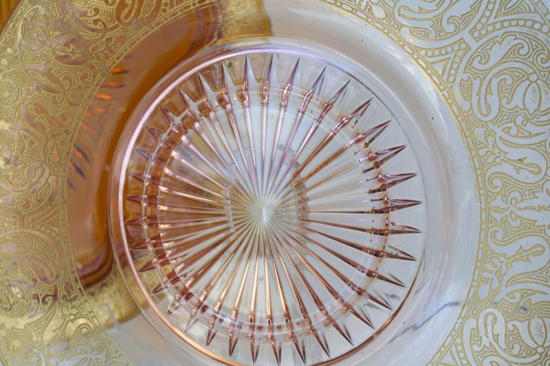 photo of vintage amber & blush pink glass cake plates, worn gold encrusted band depression glass #6