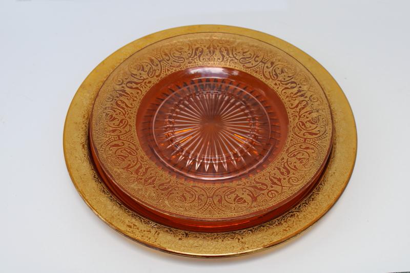 photo of vintage amber & blush pink glass cake plates, worn gold encrusted band depression glass #10