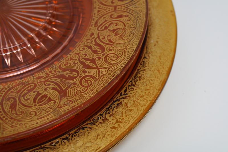 photo of vintage amber & blush pink glass cake plates, worn gold encrusted band depression glass #11