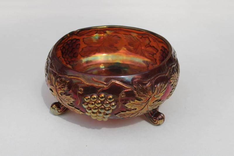 photo of vintage amber carnival glass bowl grapes pattern footed bowl, cupped round shape #1