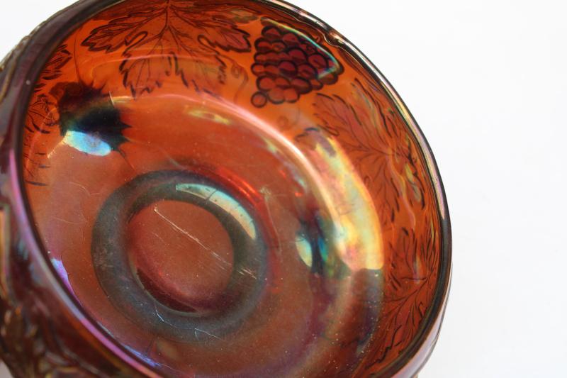 photo of vintage amber carnival glass bowl grapes pattern footed bowl, cupped round shape #2