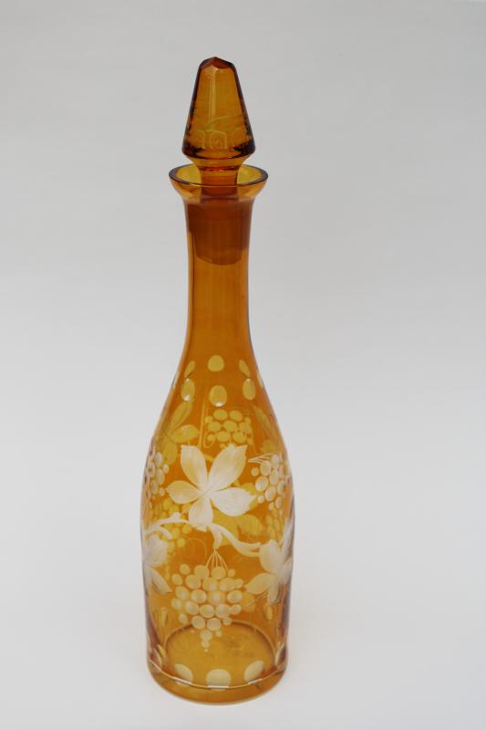 photo of vintage amber cut to clear glass decanter bottle w/ grapes, Bohemia crystal? #1