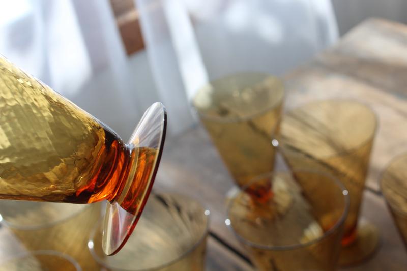 photo of vintage amber depression glass iced tea footed tumblers, spiral corded optic twist glasses #2