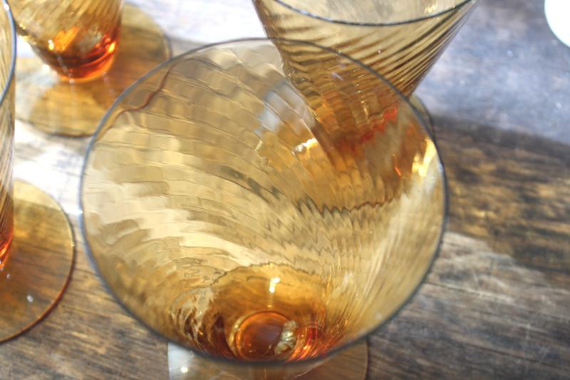 photo of vintage amber depression glass iced tea footed tumblers, spiral corded optic twist glasses #6