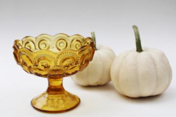 catalog photo of vintage amber glass Moon & Stars pattern candy dish, small footed bowl or planter