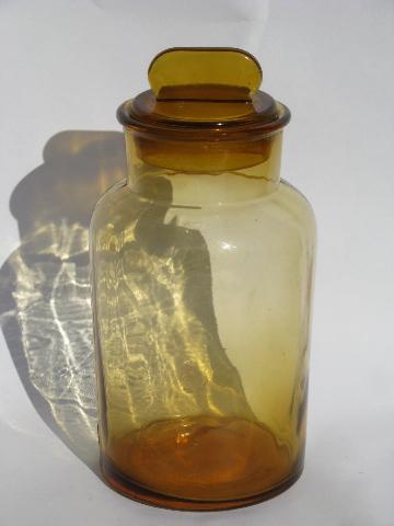 photo of vintage amber glass apothecary canister jar, large bottle w/ ground stopper #1