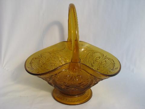 photo of vintage amber glass bride's basket, Indiana daisy pattern sandwich glass #1