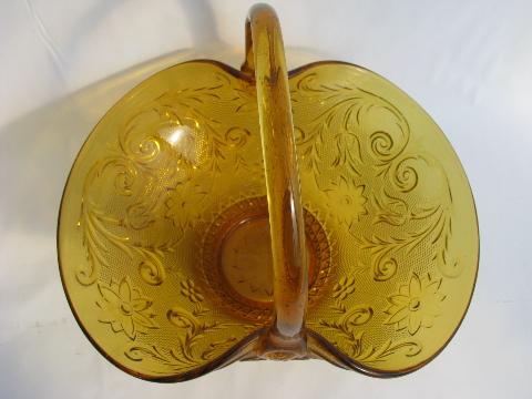 photo of vintage amber glass bride's basket, Indiana daisy pattern sandwich glass #3