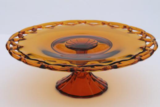 photo of vintage amber glass cake stand, Colony open lace edge glass pedestal plate #1