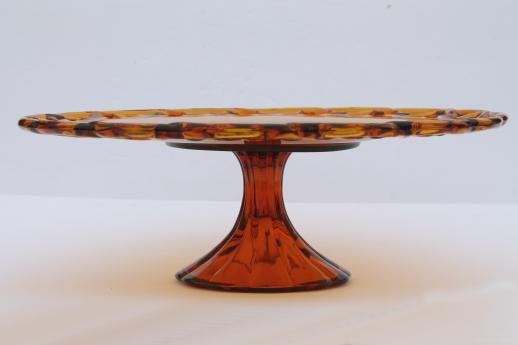 photo of vintage amber glass cake stand, Colony open lace edge glass pedestal plate #2