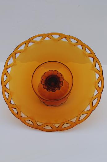 photo of vintage amber glass cake stand, Colony open lace edge glass pedestal plate #3