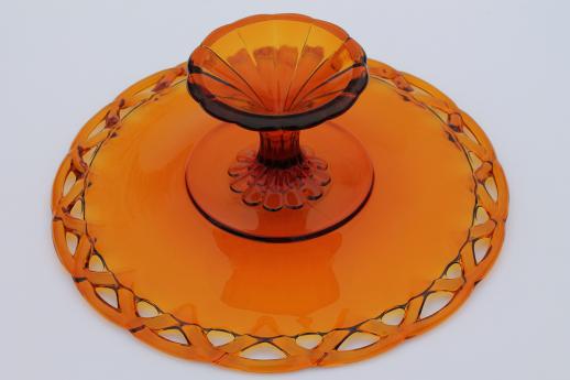 photo of vintage amber glass cake stand, Colony open lace edge glass pedestal plate #6