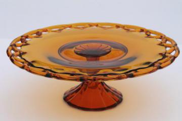 catalog photo of vintage amber glass cake stand, Colony open lace edge glass pedestal plate