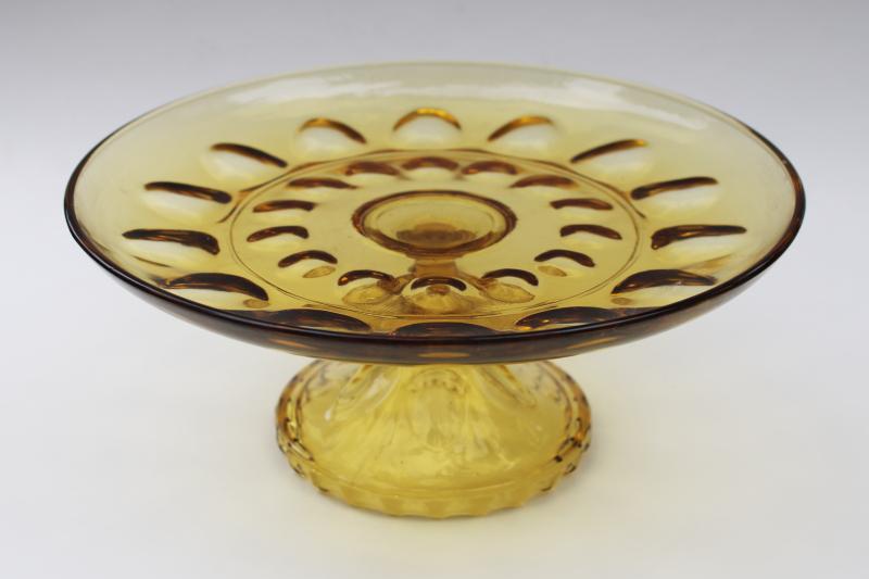 photo of vintage amber glass cake stand, Hazel Atlas Reflection thumbprint pattern #1