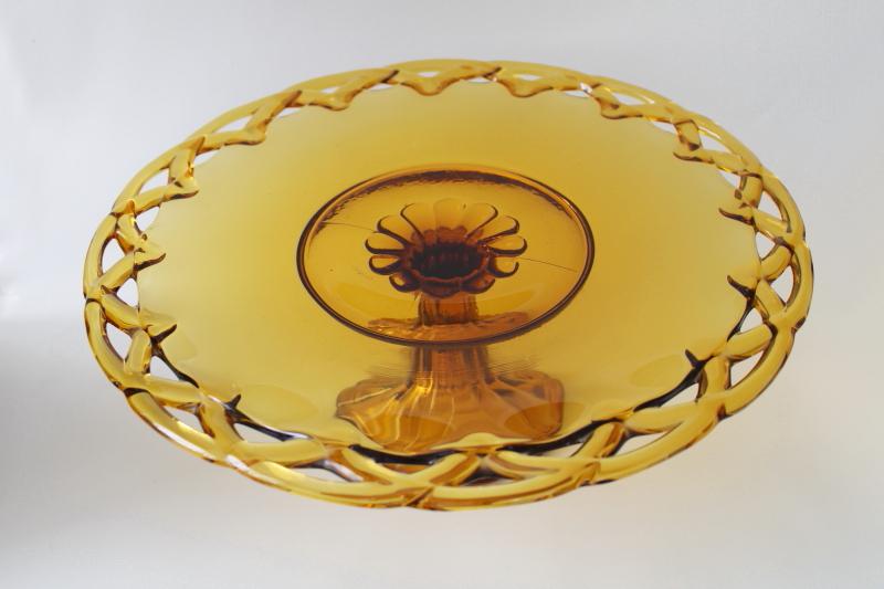 photo of vintage amber glass cake stand, Indiana open lace edge plate, crocheted crystal #1