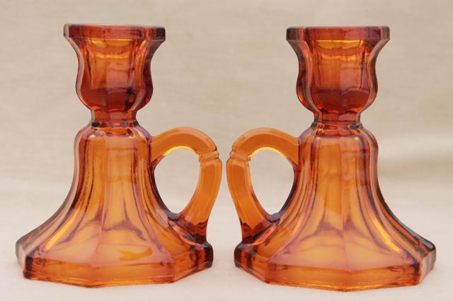 photo of vintage amber glass candle holders, small low chamber candlesticks w/ ring handles #2