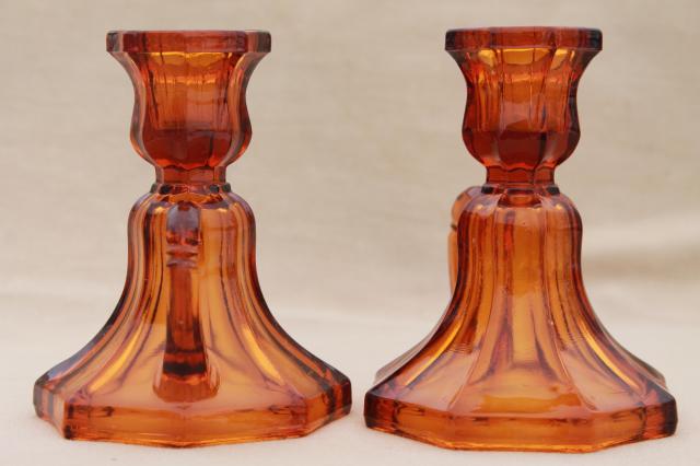 photo of vintage amber glass candle holders, small low chamber candlesticks w/ ring handles #4