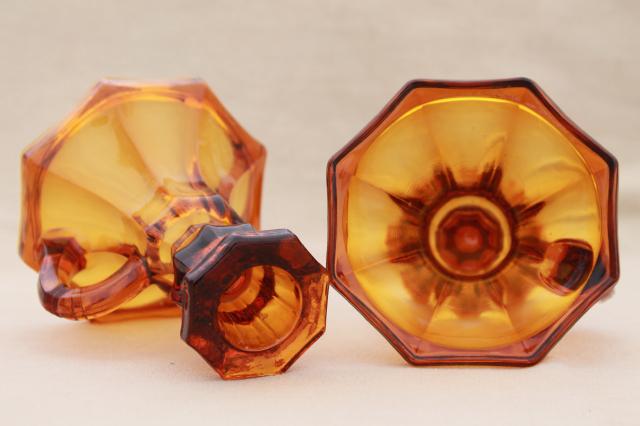 photo of vintage amber glass candle holders, small low chamber candlesticks w/ ring handles #5