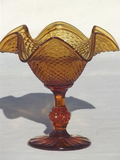 photo of vintage amber glass candy bowl, pressed glass pedestal dish dessert stand #1