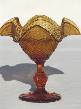 catalog photo of vintage amber glass candy bowl, pressed glass pedestal dish dessert stand