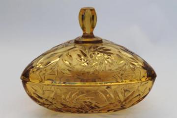 catalog photo of vintage amber glass candy dish or covered box, Indiana pinwheel pattern glass