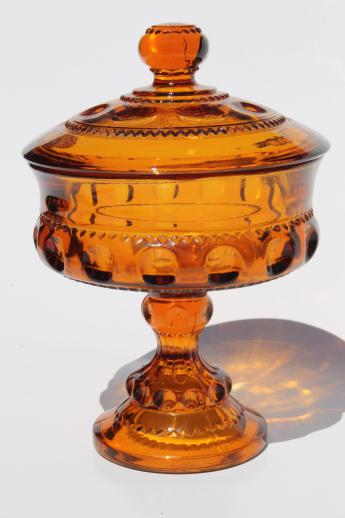 photo of vintage amber glass covered box / candy dish, Kings Crown pattern Indiana glass #1