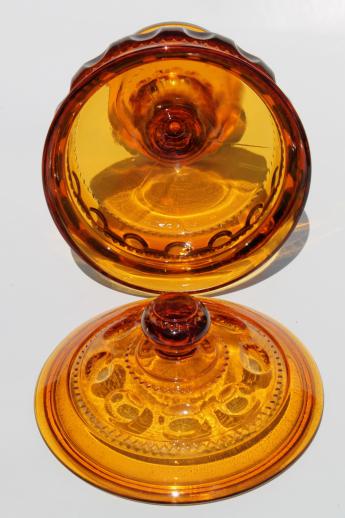 photo of vintage amber glass covered box / candy dish, Kings Crown pattern Indiana glass #3