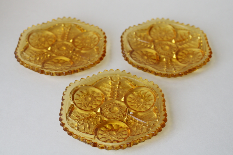 photo of vintage amber glass cup plates, old hobstar pattern pressed glass tiny dishes or saucers  #1