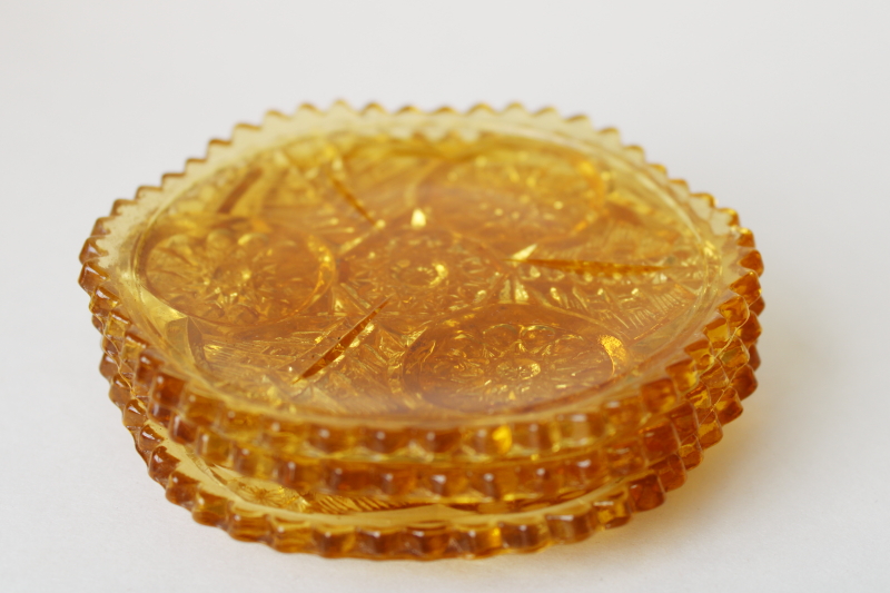 photo of vintage amber glass cup plates, old hobstar pattern pressed glass tiny dishes or saucers  #3