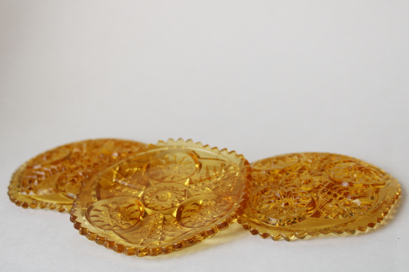 photo of vintage amber glass cup plates, old hobstar pattern pressed glass tiny dishes or saucers  #4