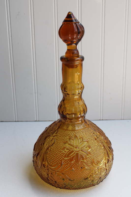 photo of vintage amber glass decanter bottle w/ stopper, Tiara / Indiana sandwich daisy pattern #1