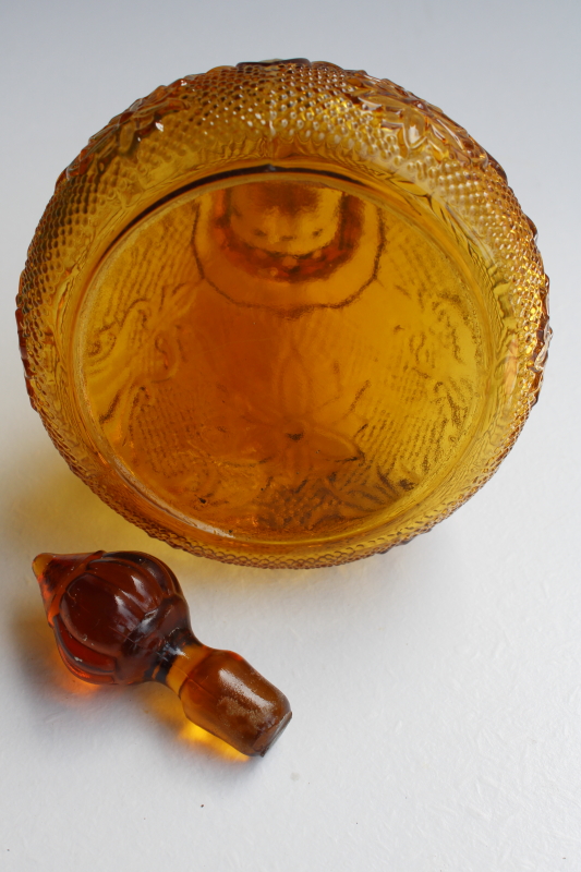 photo of vintage amber glass decanter bottle w/ stopper, Tiara / Indiana sandwich daisy pattern #3