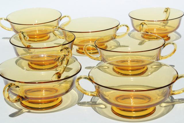 photo of vintage amber glass dishes, double handled bowls for cream soup or boullion cups #1