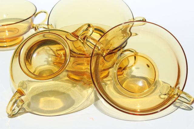 photo of vintage amber glass dishes, double handled bowls for cream soup or boullion cups #5